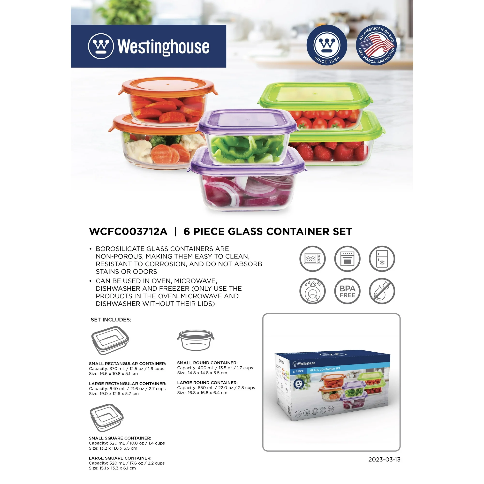 Westinghouse 6pcAsst Glass Storage Set W/Color Lids WCFC003712A Westinghouse 6pcAsst Glass Storage Set W/Color Lids WCFC003712A